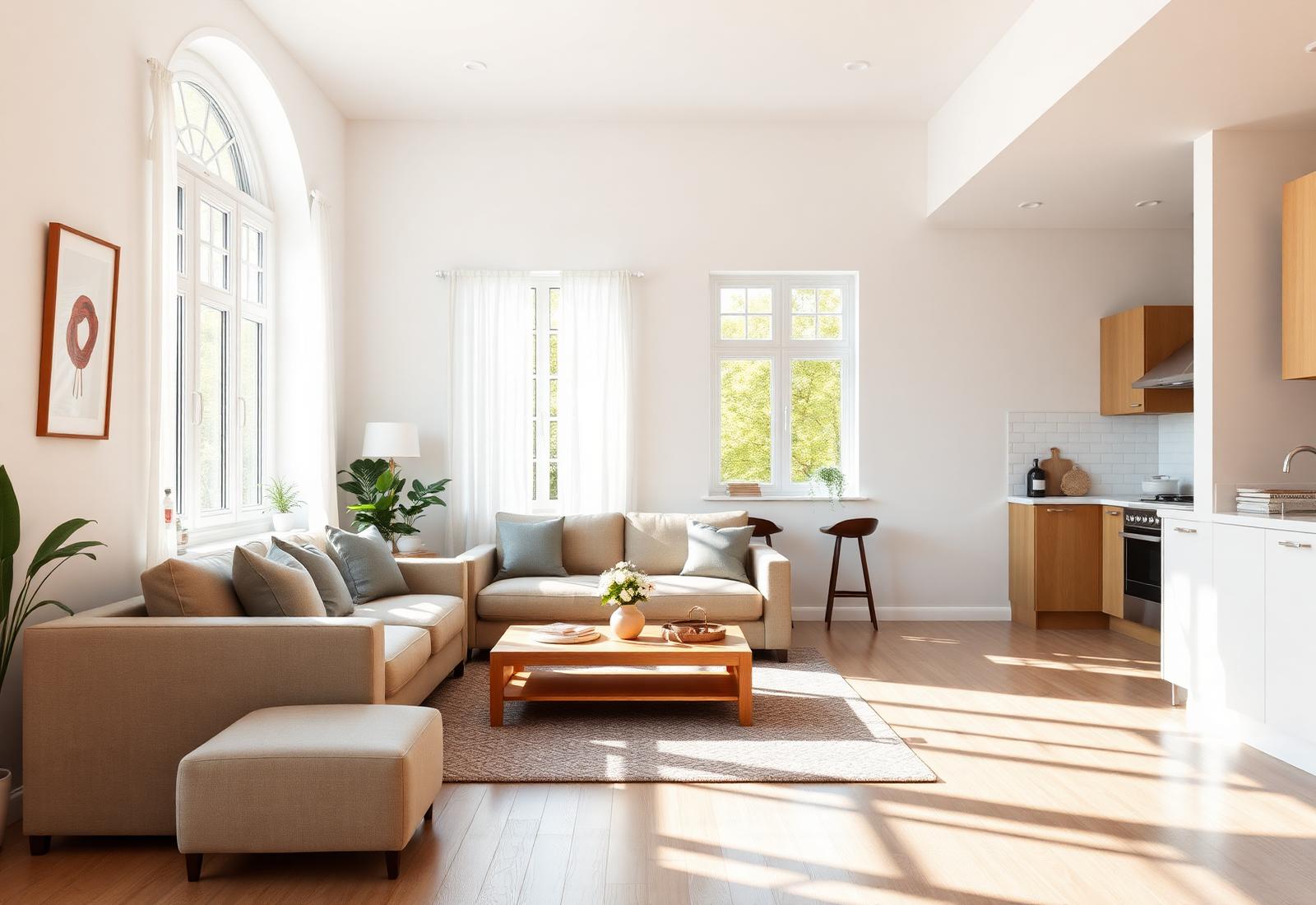 Sparkling clean modern living room and kitchen by First Class House Cleaning Services in Santa Clarita